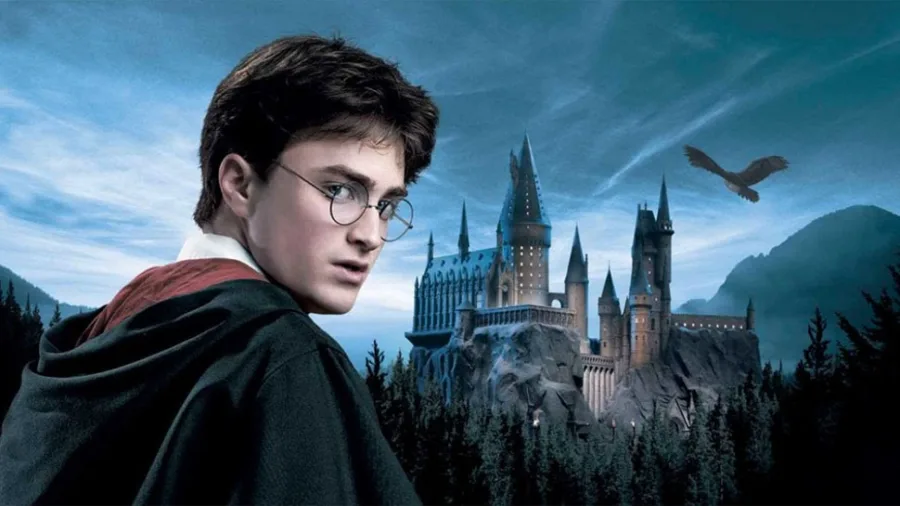 Ο Harry Potter μπροστά από το κάστρο του Hogwarts με μια κουκουβάγια να πετάει.