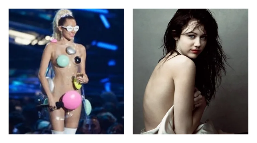 Η Miley Cyrus σε δύο διαφορετικές φωτογραφίσεις της.
