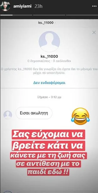 Στιγμιότυπο οθόνης από Instagram story της Άννας Μαρίας Βέλλη με απάντηση σε υβριστικό μήνυμα.