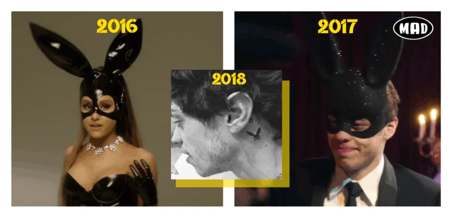 Κολάζ με την Ariana Grande και τον Pete Davidson σε διαφορετικές χρονιές.
