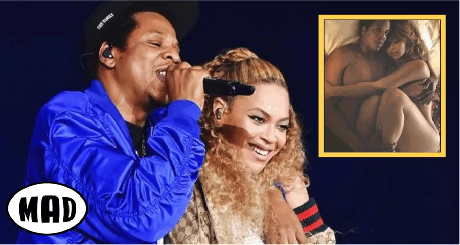 Ο Jay-Z και η Beyonce στη σκηνή και μια ένθετη φωτογραφία τους στο κρεβάτι.