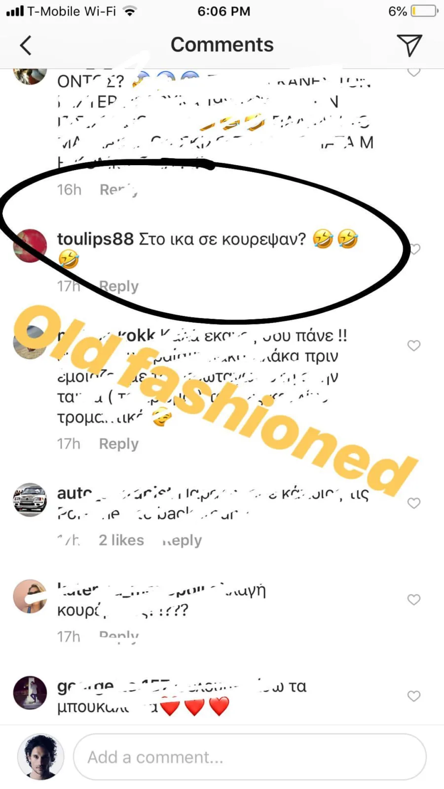 Screenshot από σχόλια στο Instagram για τον Πάνο Βλάχο.