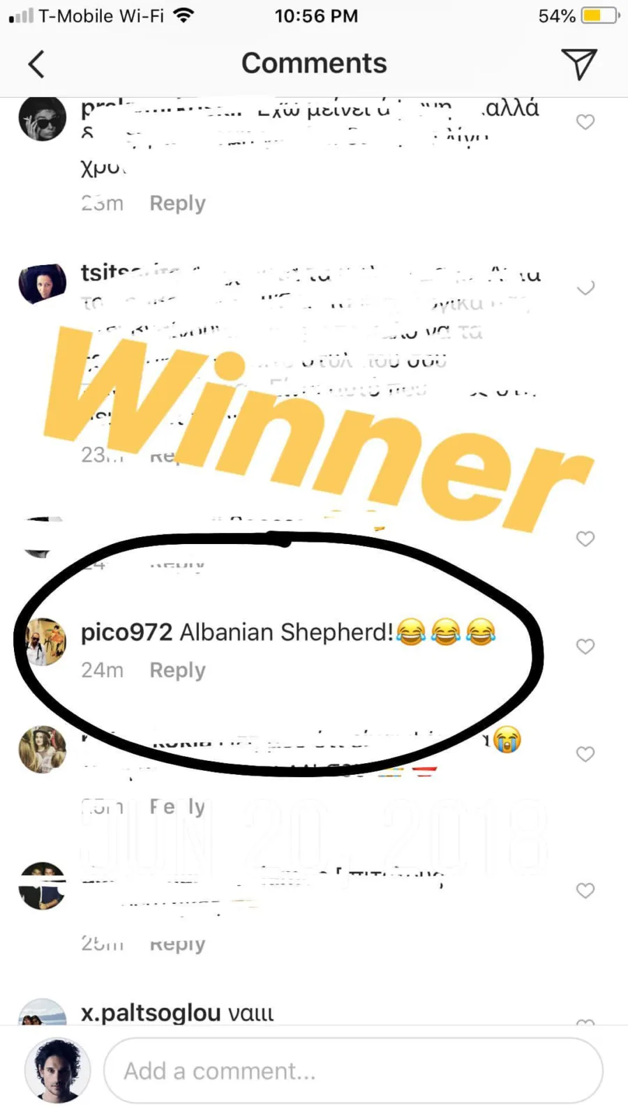 Στιγμιότυπο οθόνης από σχόλια στο Instagram με την ένδειξη Winner.