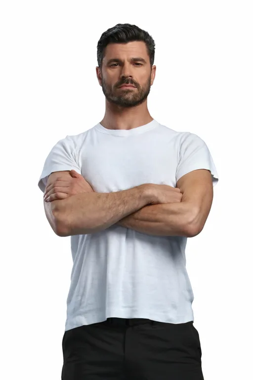 Άνδρας με λευκό t-shirt και σταυρωμένα χέρια.