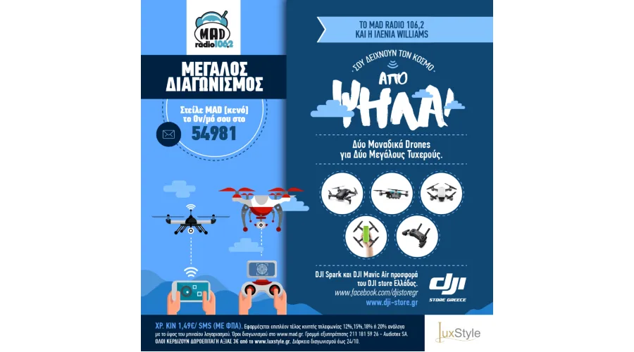 Αφίσα διαγωνισμού Mad Radio 106,2 για δύο DJI Drones.