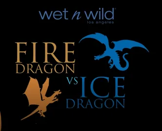 Λογότυπο wet n wild με τίτλο Fire Dragon vs Ice Dragon και γραφικά δράκων.