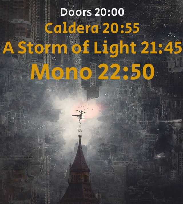 Αφίσα συναυλίας των Mono, A Storm of Light και Caldera με σουρεαλιστικό φόντο πόλης.