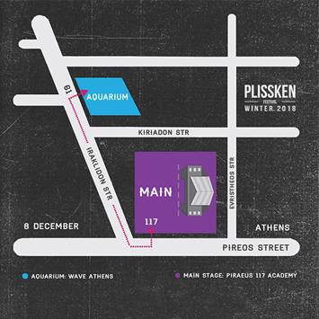 Χάρτης τοποθεσιών για το Winter Plisskën Festival 2018 στην Αθήνα.