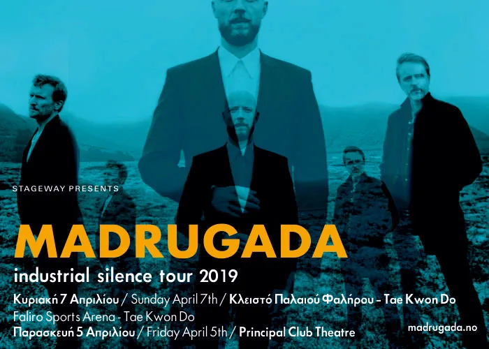 Αφίσα της περιοδείας Industrial Silence Tour 2019 των Madrugada με τα μέλη του συγκροτήματος σε μπλε φόντο.
