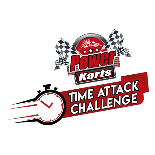 Λογότυπο Power Karts Time Attack Challenge με χρονόμετρο και καρό σημαίες.