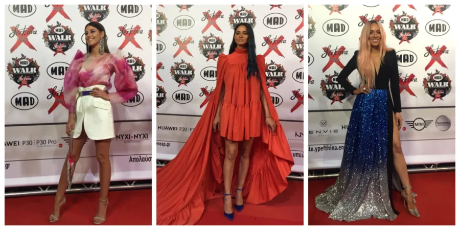 Τρεις γυναίκες στο κόκκινο χαλί του MadWalk 2019 by Serkova Crystal Pure.