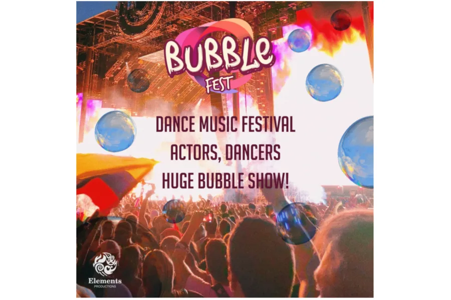 Αφίσα για το Bubble Fest με πλήθος κόσμου σε συναυλία και μεγάλες φυσαλίδες.