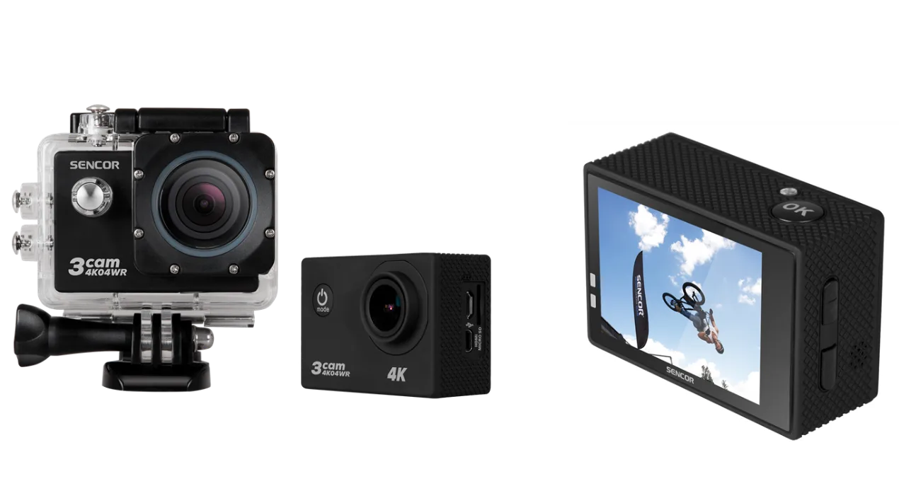 Action cameras Sencor 3CAM 4K04WR σε τρεις διαφορετικές όψεις.