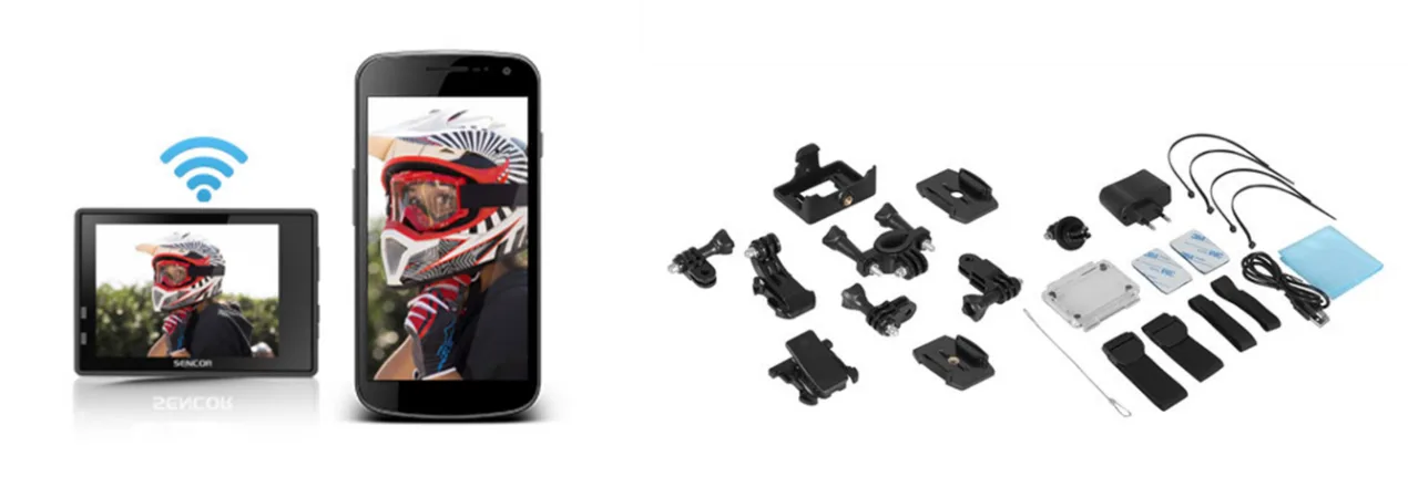 Action camera Sencor με οθόνη, smartphone και πακέτο αξεσουάρ τοποθέτησης.