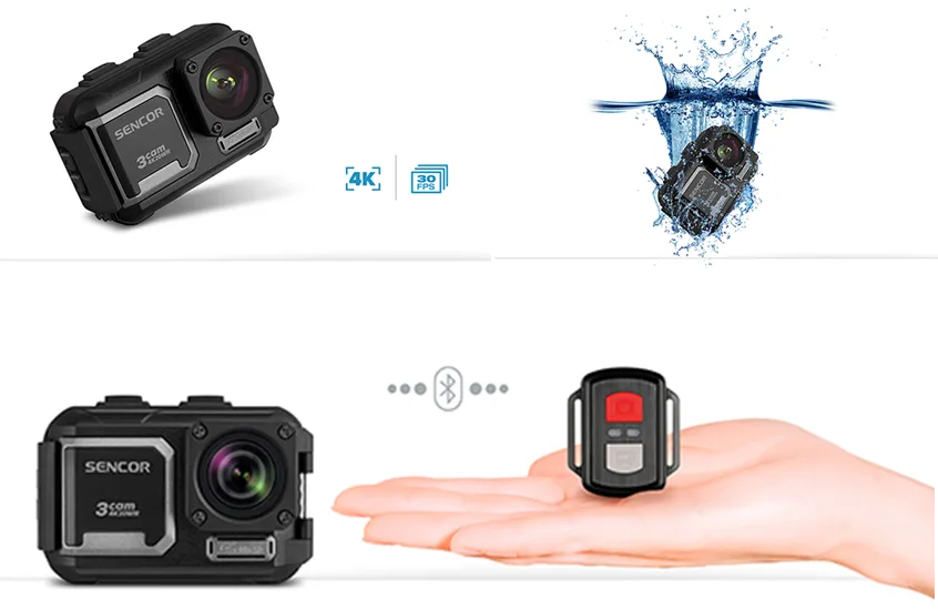 Action camera SENCOR με ανάλυση 4K, αδιάβροχη προστασία και τηλεχειριστήριο.