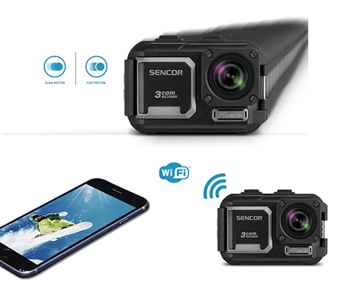 Action camera SENCOR και smartphone με πλάνο από snowboard.