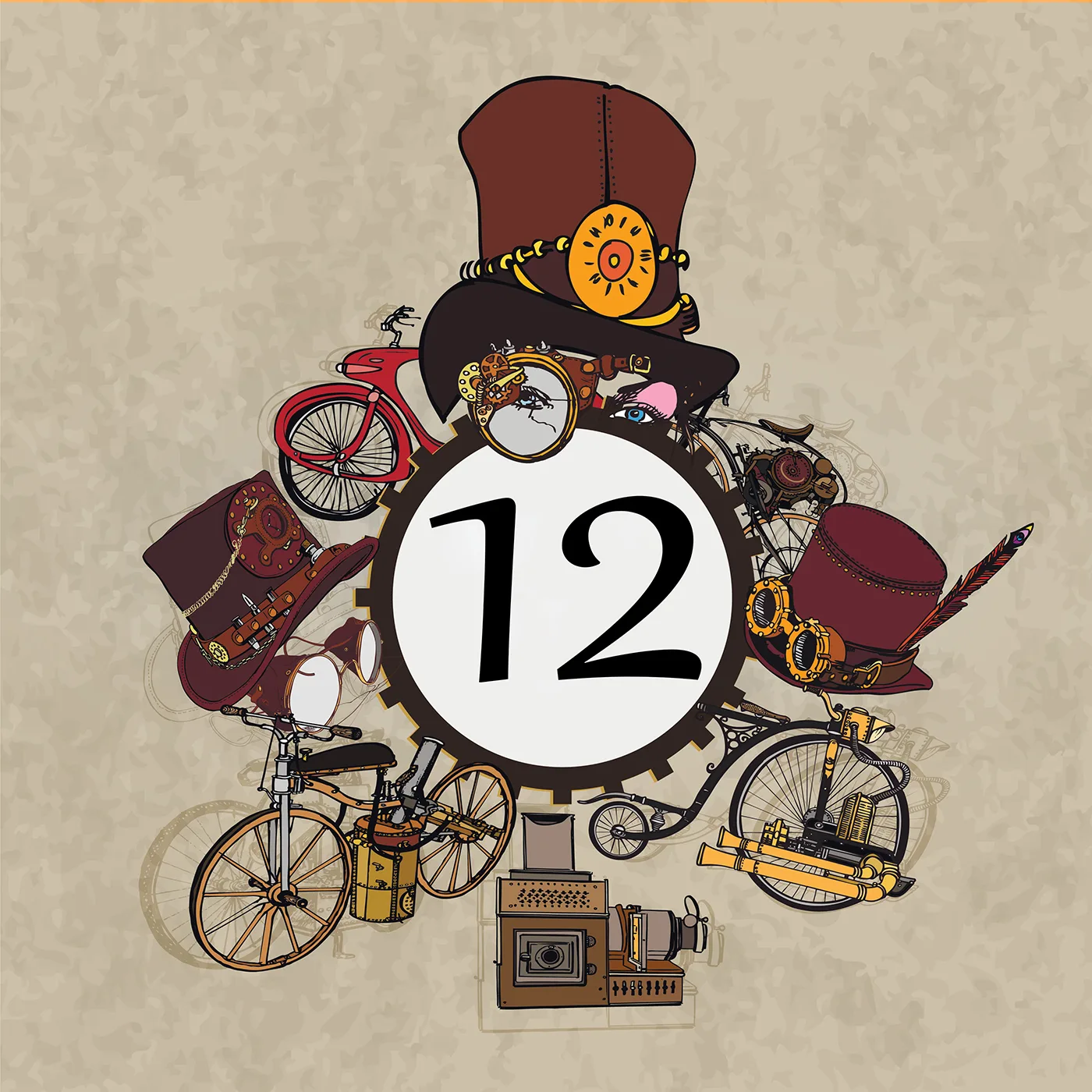 Steampunk εικονογράφηση με τον αριθμό 12, καπέλα, ποδήλατα και γρανάζια.