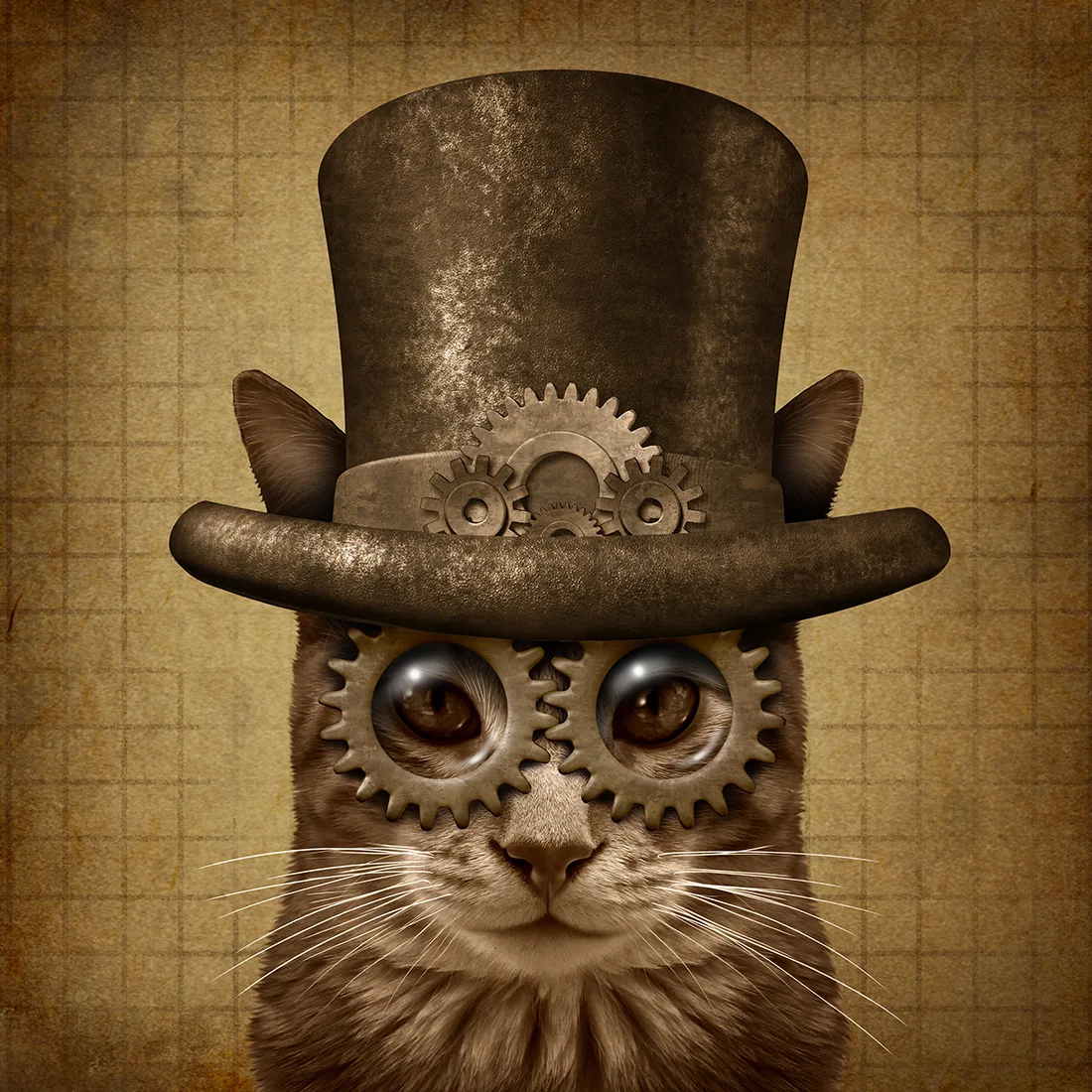 Ψηφιακή απεικόνιση γάτας με steampunk αισθητική, ημίψηλο καπέλο και γρανάζια.