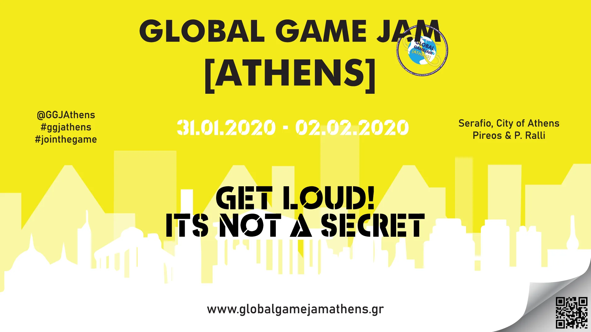 Αφίσα για το Global Game Jam [Athens] 2020 σε κίτρινο φόντο.