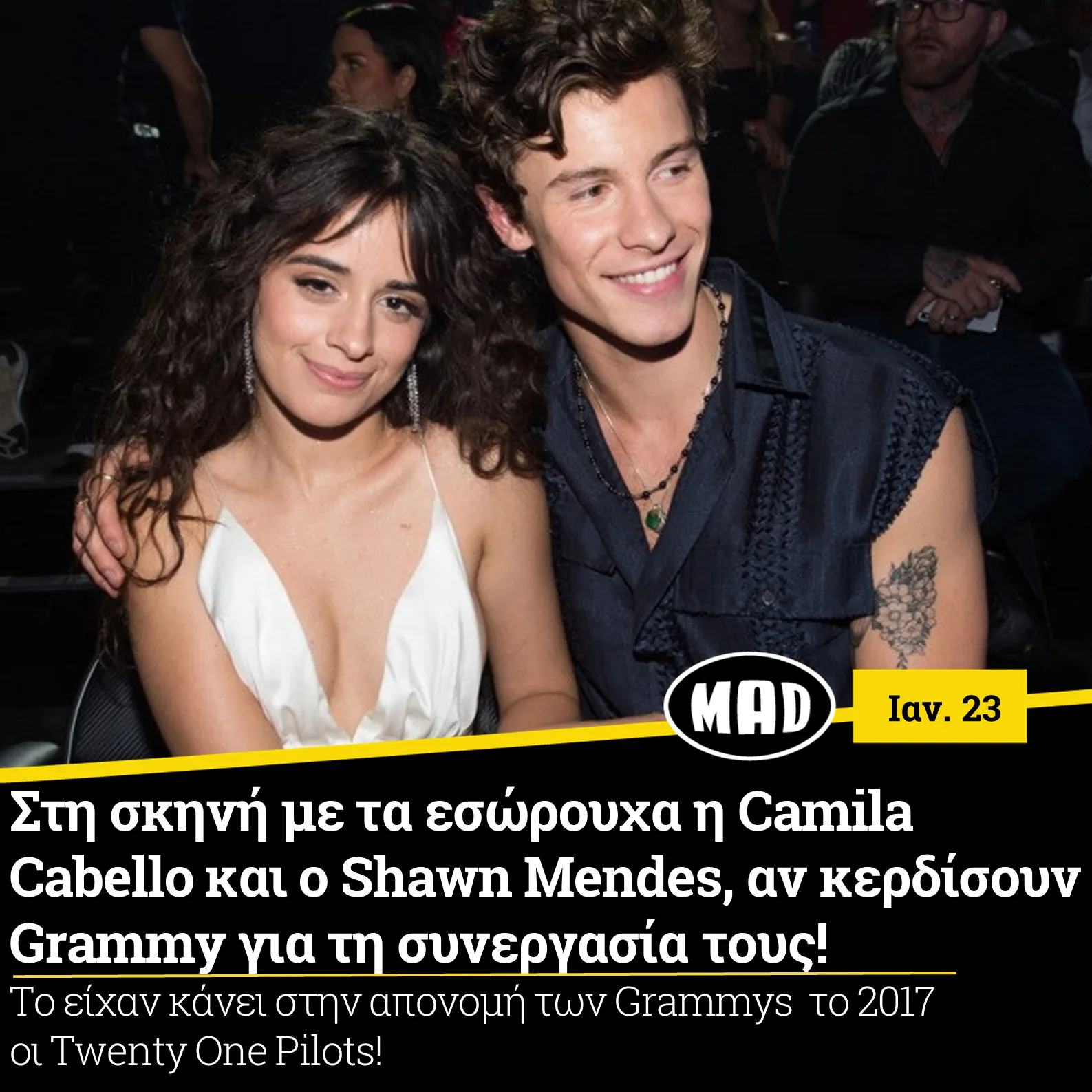 Η Camila Cabello και ο Shawn Mendes χαμογελούν σε εκδήλωση.