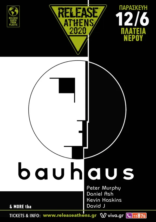 Αφίσα του Release Athens 2020 με το συγκρότημα Bauhaus.