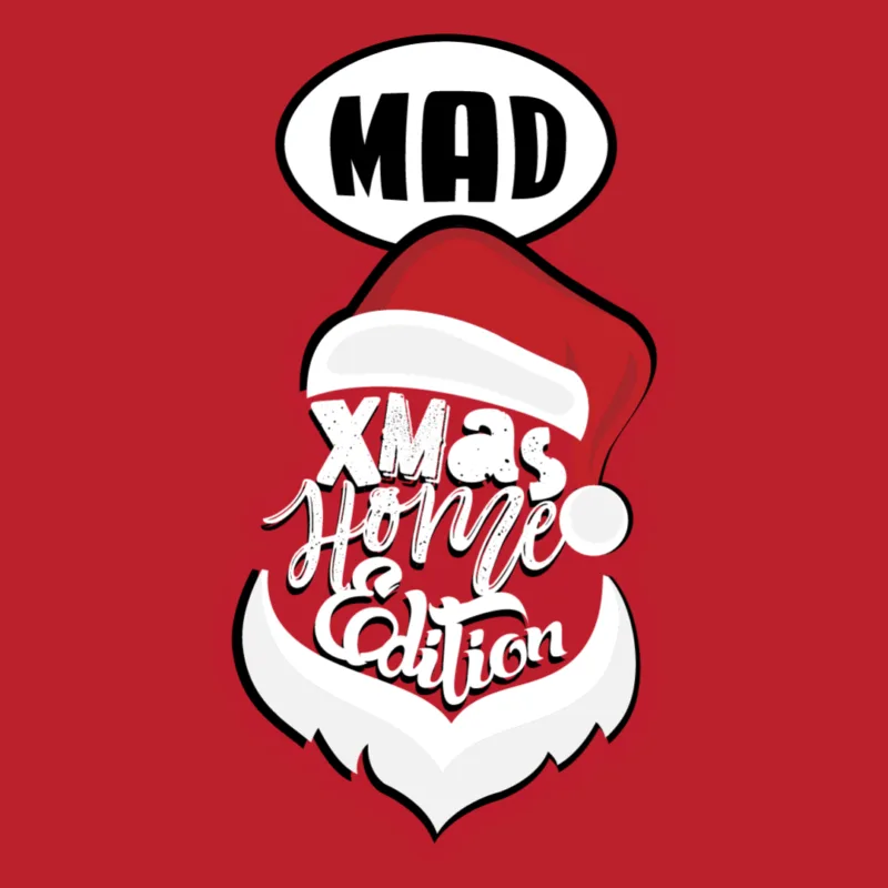 Λογότυπο Mad Xmas Home Edition με σκούφο και γένια Άγιου Βασίλη σε κόκκινο φόντο.
