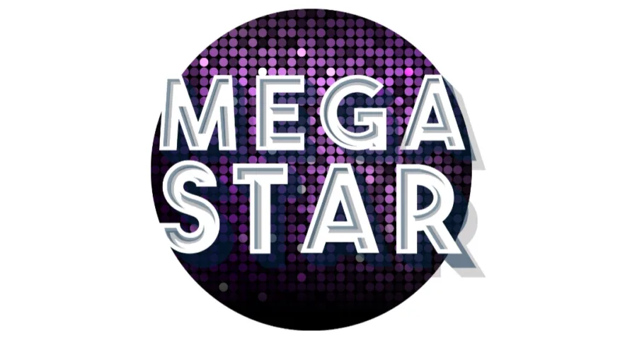 Το λογότυπο της εκπομπής MEGA STAR σε μωβ φόντο με ντισκομπάλα.