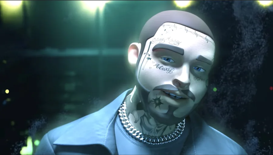 Τρισδιάστατος ψηφιακός χαρακτήρας του Post Malone με τατουάζ στο πρόσωπο.