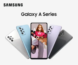 Διαφήμιση Samsung Galaxy A Series με πέντε smartphones σε διάφορα χρώματα.