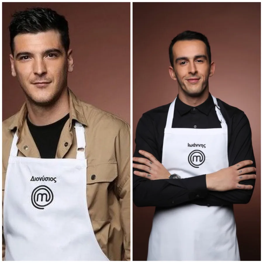 Ο Διονύσης και ο Ιωάννης από το MasterChef με ποδιές του διαγωνισμού.