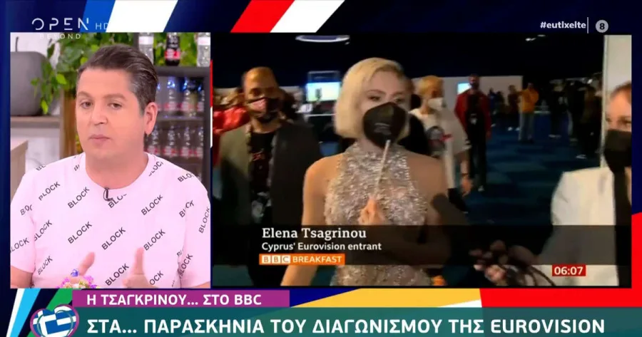 Η Έλενα Τσαγκρινού σε συνέντευξη στο BBC Breakfast και παρουσιαστής σε τηλεοπτικό πάνελ.