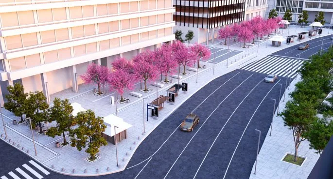 Ψηφιακή απεικόνιση της νέας πλατείας Συντάγματος με δέντρα και πεζόδρομο.