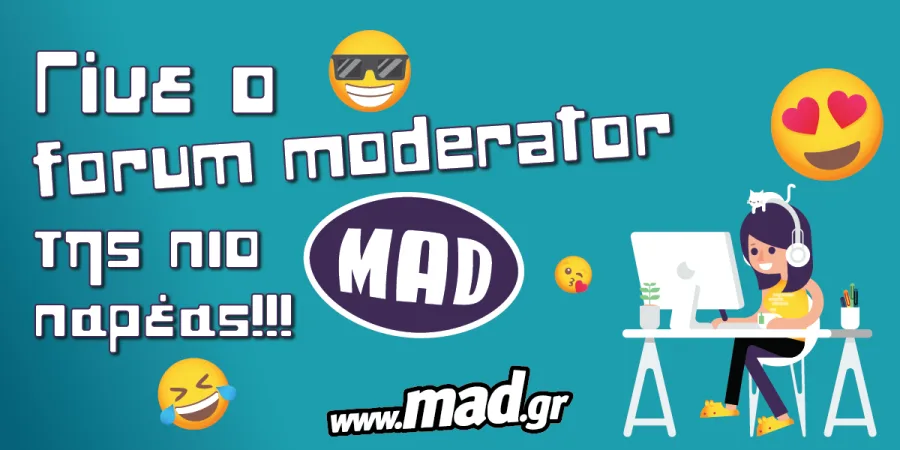 Γραφικό για την αναζήτηση Forum Moderator στο mad.gr με εικονογράφηση κοπέλας σε υπολογιστή και emojis.