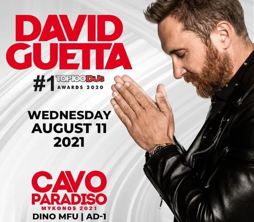 Αφίσα για το dj set του David Guetta στο Cavo Paradiso στη Μύκονο.