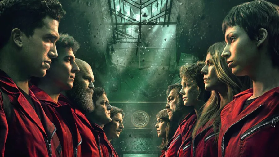 Πρωταγωνιστές της σειράς La Casa De Papel με κόκκινες στολές.