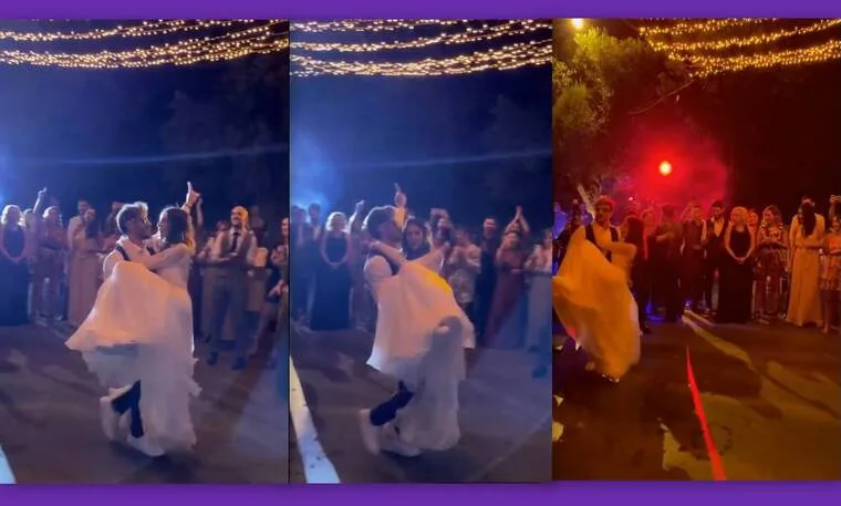 Ο Άκης Πετρετζίκης και η Κωνσταντίνα Παπαμιχαήλ χορεύουν στο γαμήλιο γλέντι τους.