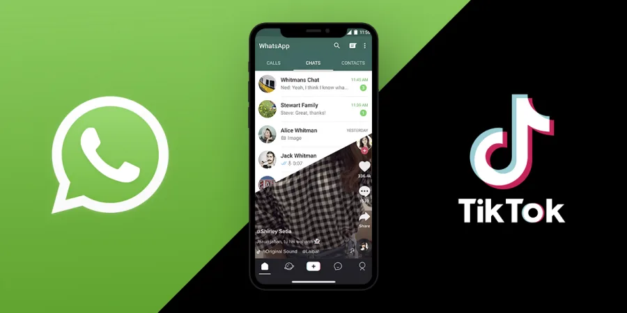 Λογότυπα WhatsApp και TikTok δίπλα σε smartphone που δείχνει τις δύο εφαρμογές.