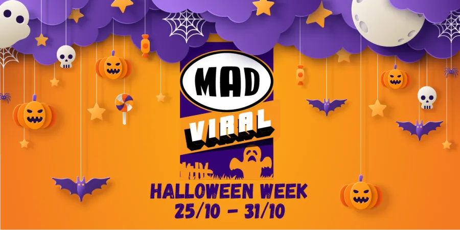Halloween Week στο Mad Viral με γραφικά από κολοκύθες, φαντάσματα και νυχτερίδες.