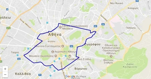 Χάρτης της Αθήνας με τα όρια του Δακτυλίου