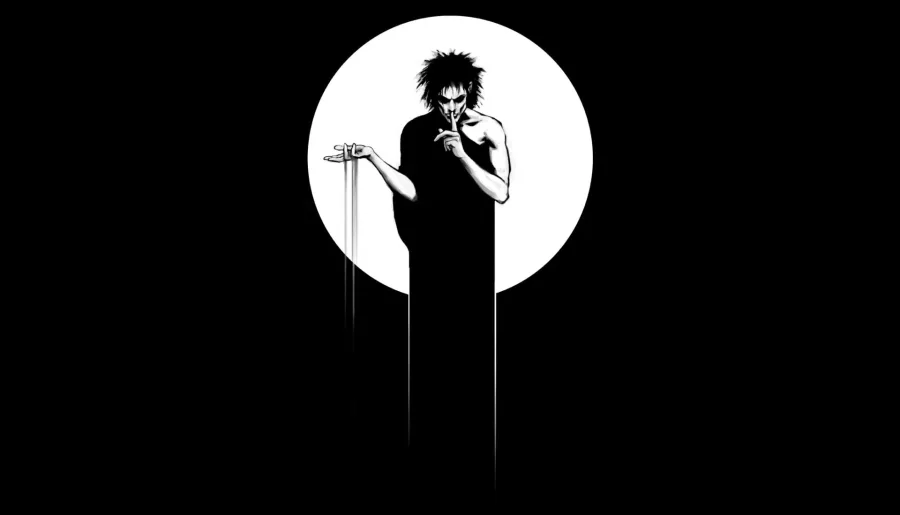 Ασπρόμαυρη εικονογράφηση του The Sandman σε μαύρο φόντο.