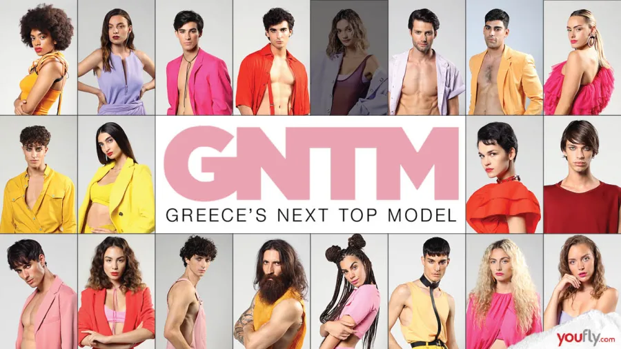 Κολάζ με τους παίκτες του GNTM σε διάφορες πόζες με πολύχρωμα ρούχα.