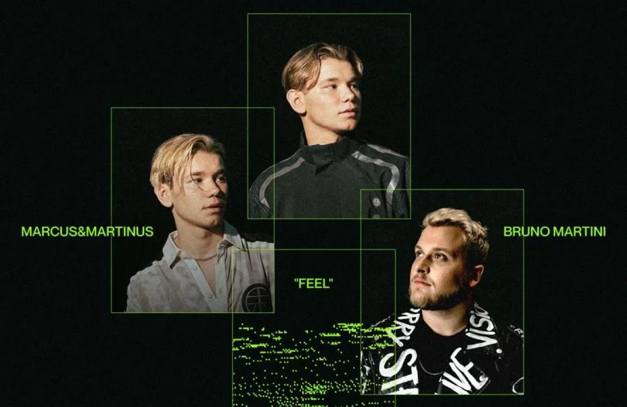 Οι Marcus & Martinus και ο Bruno Martini σε προωθητική φωτογραφία για το τραγούδι Feel.