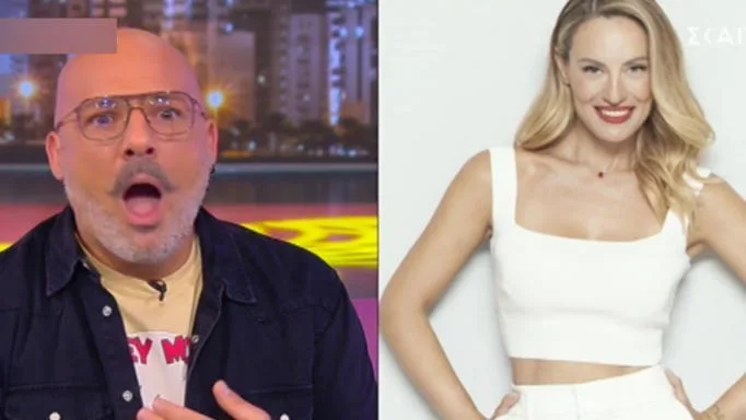 Ο Νίκος Μουτσινάς με έκφραση έκπληξης και μια γυναίκα με λευκό τοπ.