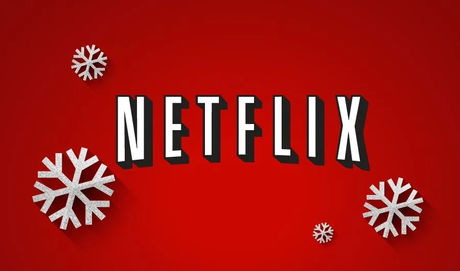 Το λογότυπο του Netflix σε κόκκινο φόντο με χιονονιφάδες.