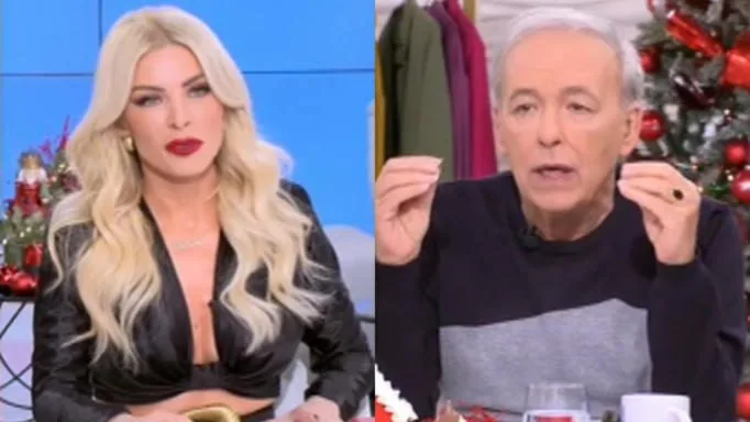 Η Κατερίνα Καινούργιου και ένας άνδρας σε τηλεοπτικό πλατό.