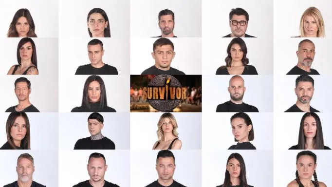 Κολάζ με τους 24 παίκτες του Survivor σε λευκό φόντο.