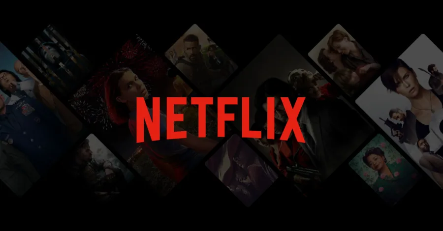 Το λογότυπο του Netflix σε κόκκινο χρώμα πάνω από ένα κολάζ με σκηνές από διάφορες ταινίες και σειρές.