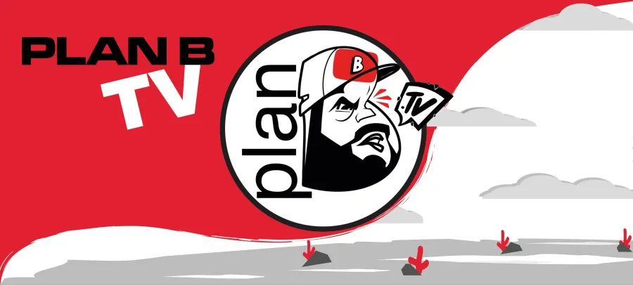 Λογότυπο Plan B TV με εικονογραφημένο πρόσωπο άνδρα με μούσι και καπέλο.