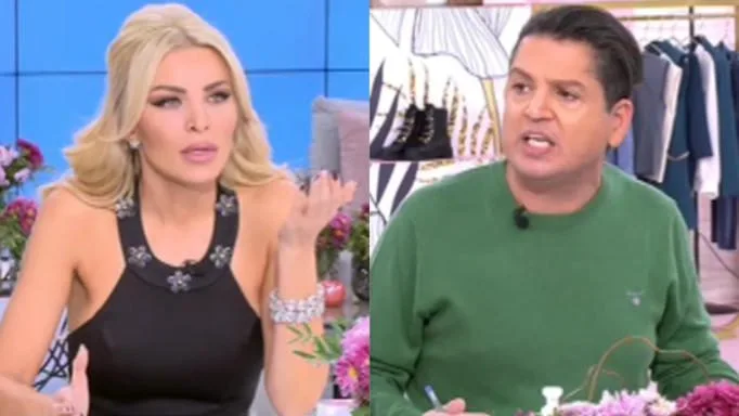 Η Κατερίνα Καινούργιου και ο Γιάννης Πουλόπουλος σε τηλεοπτικό πλατό.