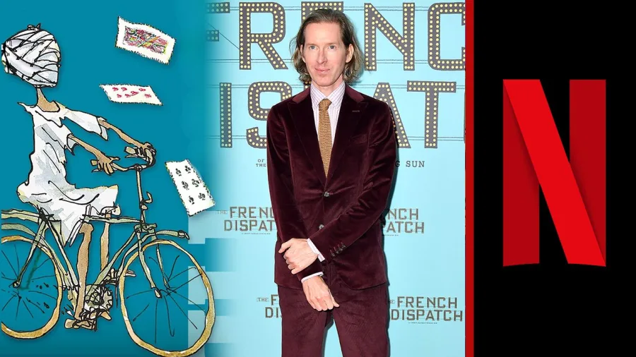 Ο Wes Anderson σε πρεμιέρα ταινίας δίπλα σε εικονογράφηση και το λογότυπο του Netflix.
